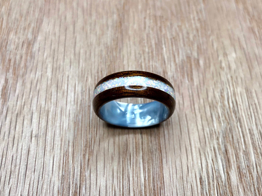 Quarter Sawn Sapele with White Opal and White Pearlescent Epoxy Ring