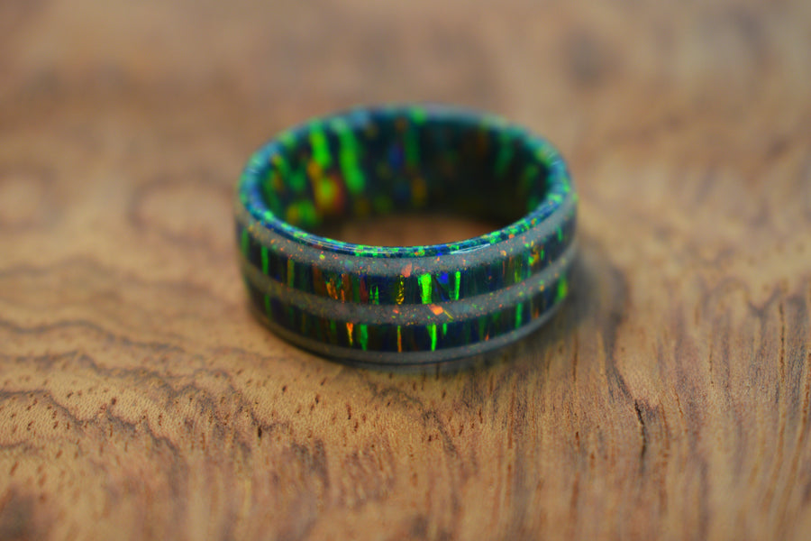 Solid Cold Black Opal Ring with Triple White Opal Inlays