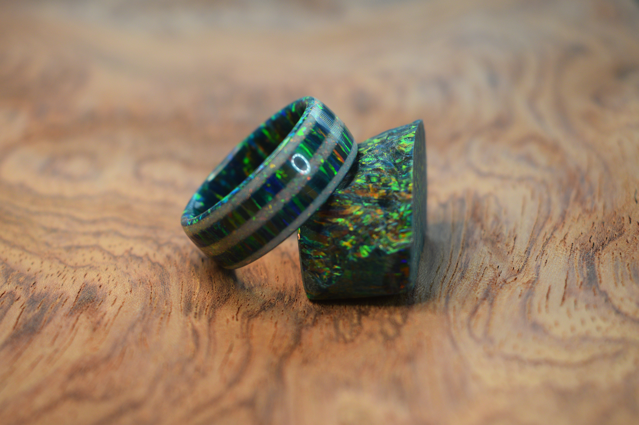 Solid Cold Black Opal Ring with Triple White Opal Inlays Tempest