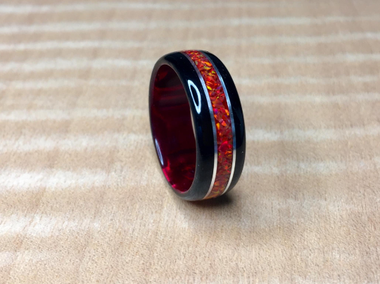 CUSTOM: Black Wood with Crushed Red Fire Opal Ring