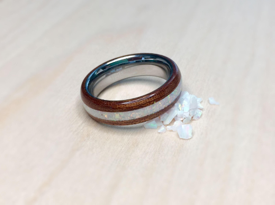 CUSTOM: Walnut with White Opal/Rose Gold Banding and Tungsten Core Ring