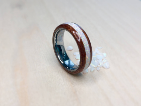 CUSTOM: Walnut with White Opal/Rose Gold Banding and Tungsten Core Ring