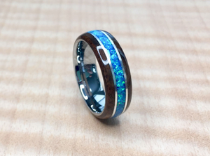 Walnut Burl with Blue Opal and Tungsten Core Ring