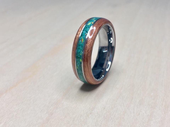 CUSTOM: Bubinga with Malachite/white opal inlay, sterling silver banding and tungsten core