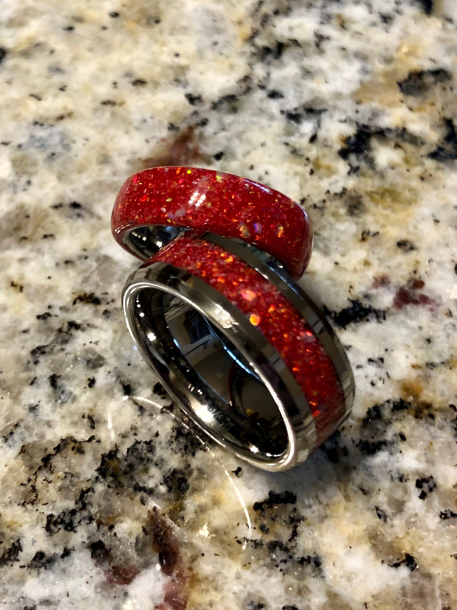 Crushed Ruby, Red and White Opal with Tungsten Core Ring
