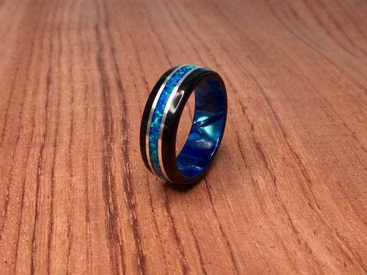 Black Wood with Crushed Blue Opal Ring