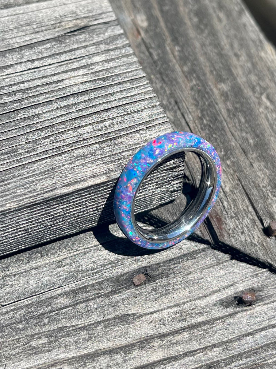 Electric blue and orchid bello opal with Tungsten Core Ring