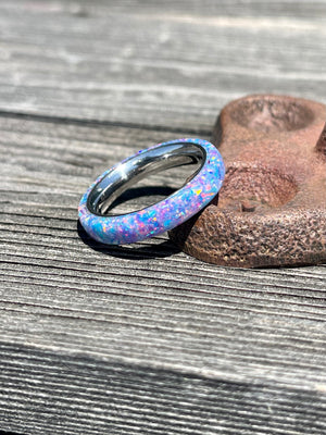 Electric blue and orchid bello opal with Tungsten Core Ring