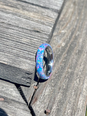 Electric blue and orchid bello opal with Tungsten Core Ring