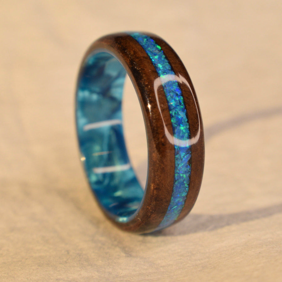 Walnut Burl with Blue Opal on a Light Blue Epoxy Core Ring
